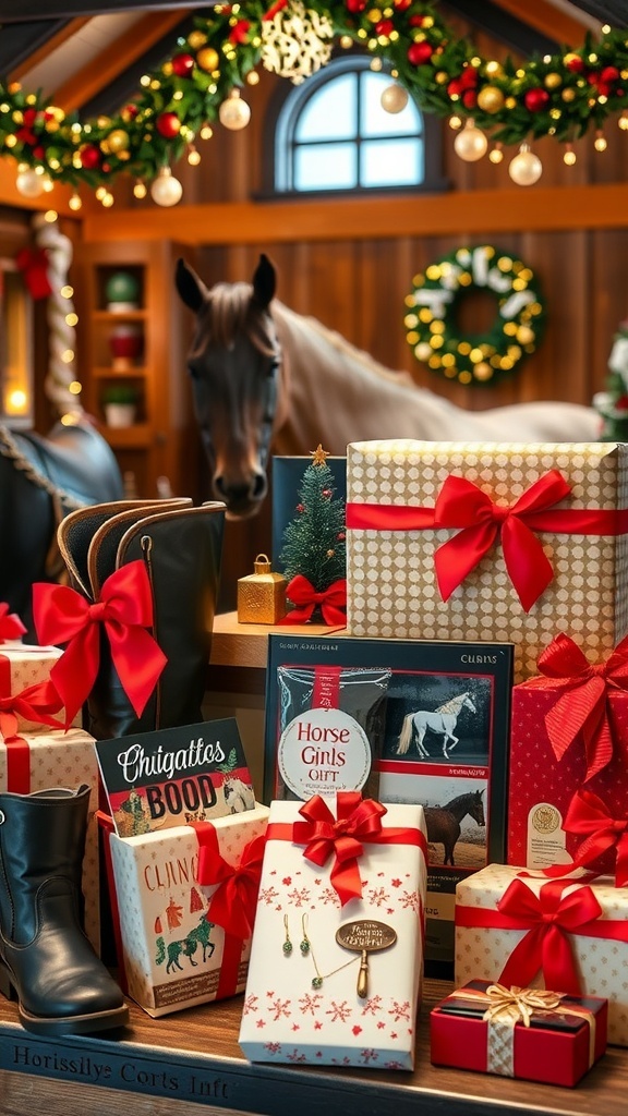 A collection of Christmas gifts for horse enthusiasts, including boots, grooming supplies, and jewelry, arranged in a festive setting.